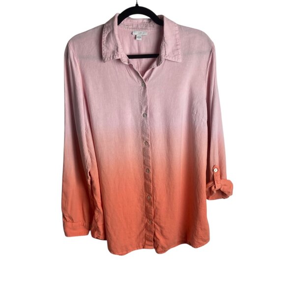 J Jill Size M Button Up Blouse Top Pink Orange Ombre Roll Tab Sleeves Linen - Picture 1 of 6